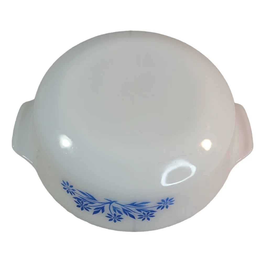 Fire King White Milk Glass Blue Flower 1 QRT Vintage Cassarole Dish 1960's